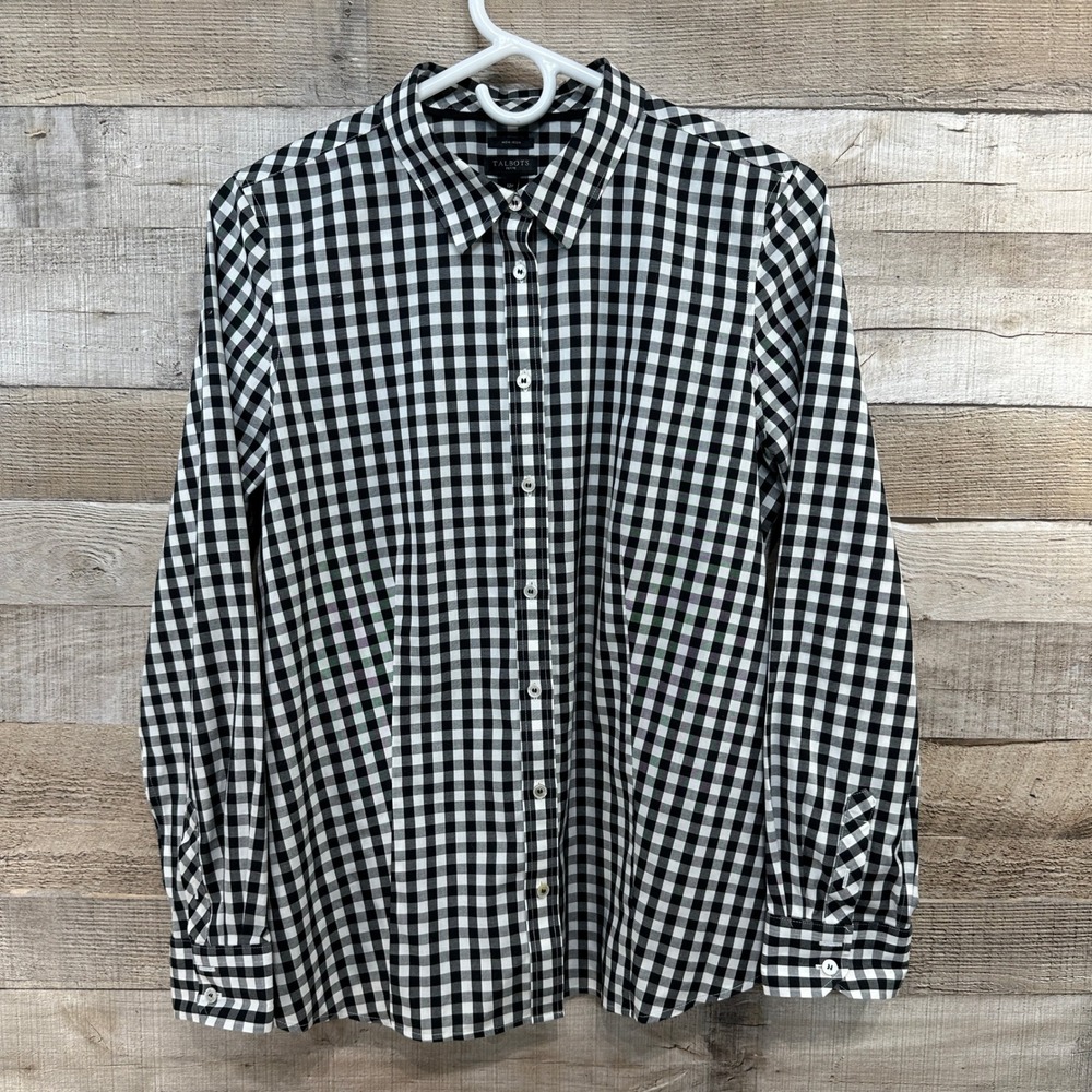 Talbots Petite Womens Black White Check Gingham Non-Iron Button Up Shirt 12P